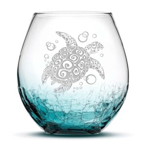 integrity bottles tribal sea turtle design stemless wine glass, handmade, handblown, hand etched gifts, sand carved, 18oz (aztec crackle teal)