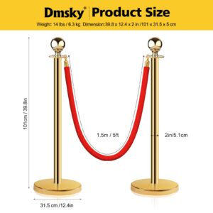 Stainless Steel Stanchion Post Queue 5 ft Red Velvet Rope Red Carpet Ropes and Poles Crowd Control Barriers Sand Injection Hollow Base and Velvet Ropes Set for Party Supplies (4 Pieces, Gold)