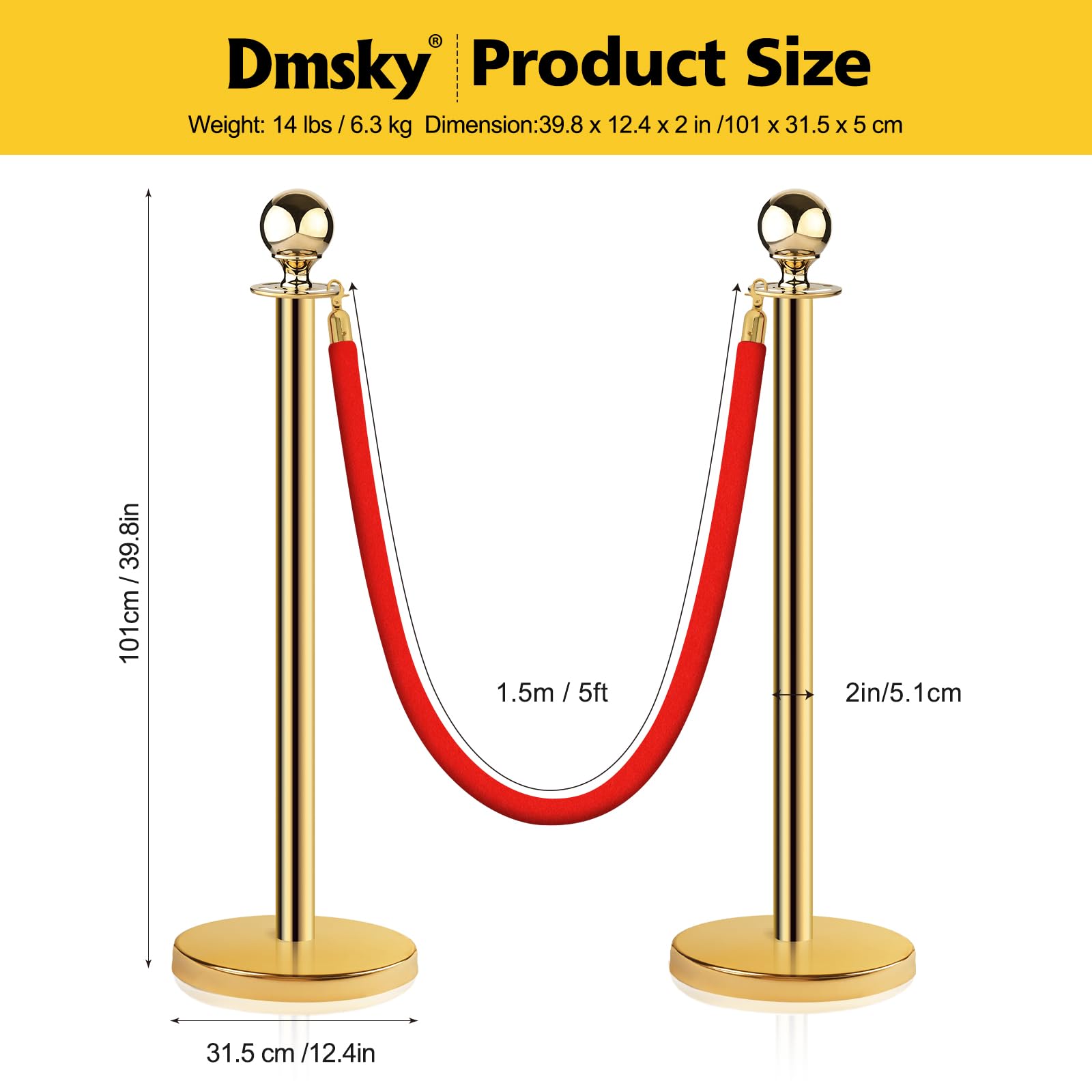 Stainless Steel Stanchion Post Queue 5 ft Red Velvet Rope Red Carpet Ropes and Poles Crowd Control Barriers Sand Injection Hollow Base and Velvet Ropes Set for Party Supplies (4 Pieces, Gold)