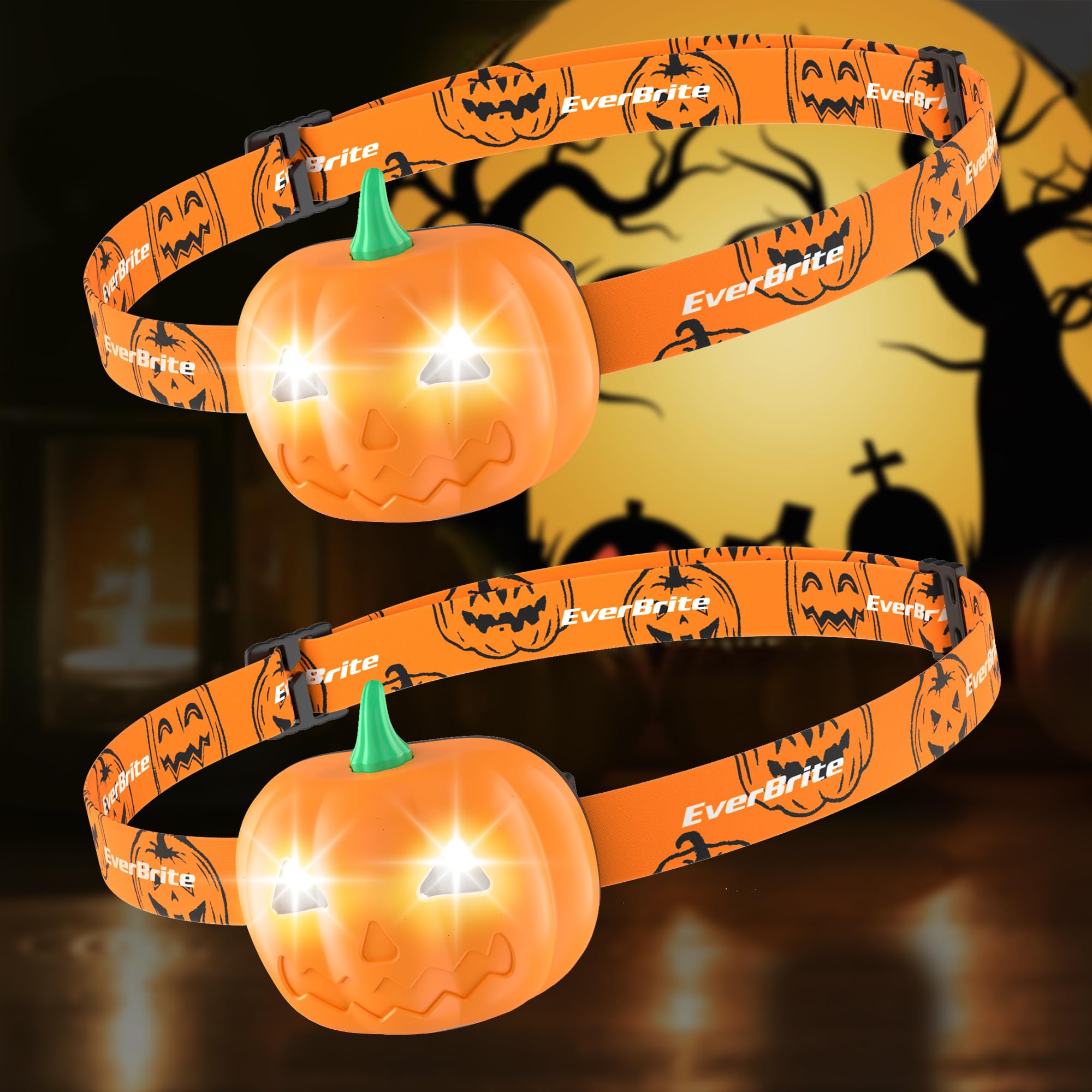 EverBrite Halloween Pumpkin Headlamp 2 Modes LED Head Lamp, Adjustable Headband Halloween Party Favors with Orange Spot & Strobe Lights, Halloween Gifts 2 Pack