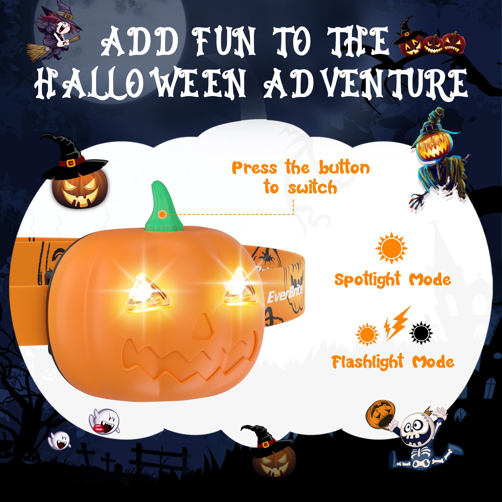 EverBrite Halloween Pumpkin Headlamp 2 Modes LED Head Lamp, Adjustable Headband Halloween Party Favors with Orange Spot & Strobe Lights, Halloween Gifts 2 Pack