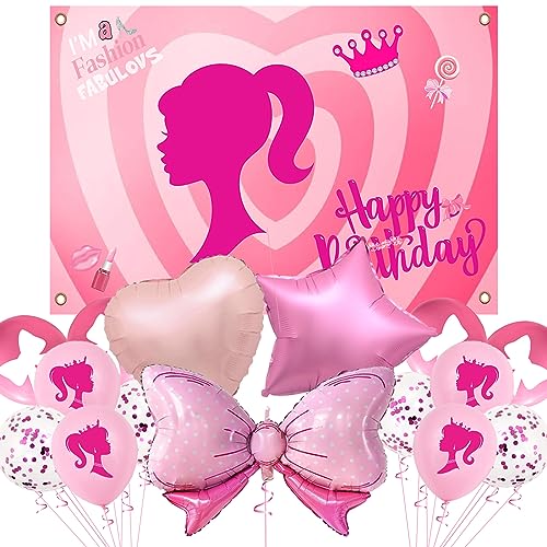 Pink Birthday Party Supplies Set For Pink Girl Including 1 Happy Birthday Backdrop 15 Pink Balloons Glamour Girl Lady Party Decorations Pink Girl Birthday Party Photo Prop Pink Party Decor For Girls