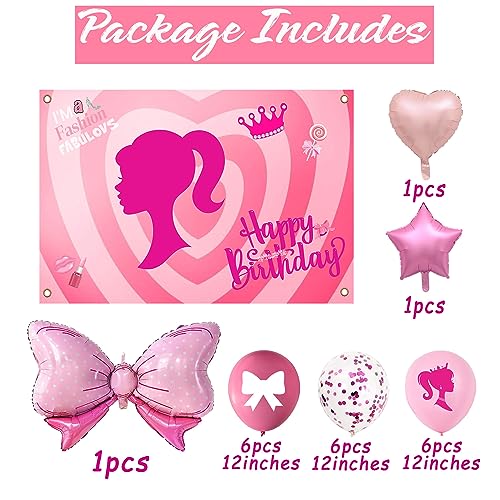 Pink Birthday Party Supplies Set For Pink Girl Including 1 Happy Birthday Backdrop 15 Pink Balloons Glamour Girl Lady Party Decorations Pink Girl Birthday Party Photo Prop Pink Party Decor For Girls