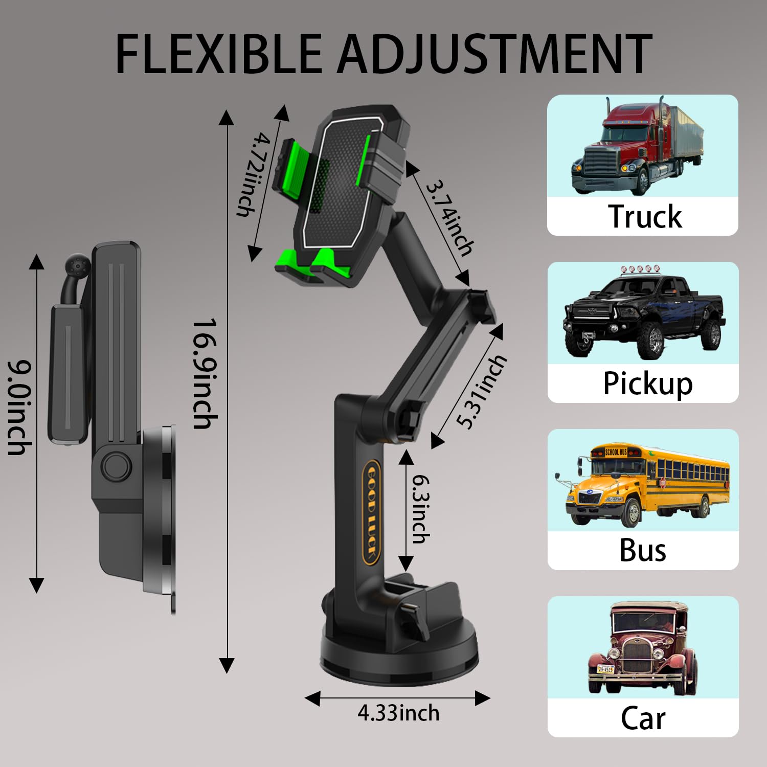 WUITIN Truck Phone Holder Mount,Heavy Duty Phone Holder for Truck Dashboard Windshield,16.9 inch Long Arm, Strength Suction Cup Anti-Shake,Compatible with All Phone and Pickup Truck,Semi Truck