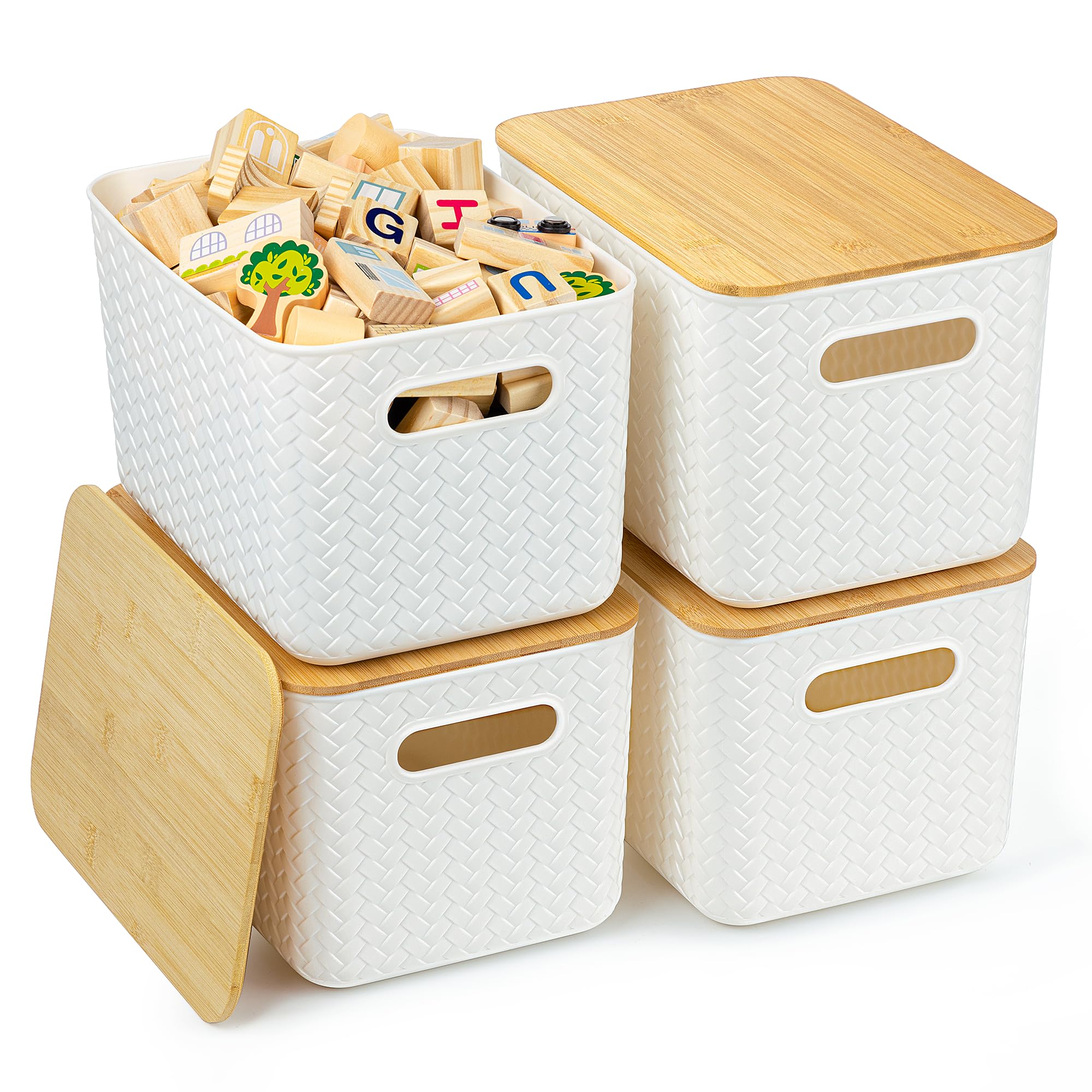 4 Packs Storage Bins with Bamboo Lids - Plastic Storage Containers with Lids Stackable Storage Box: Storage Baskets for Organizing Desktop Closet Playroom Classroom Office, White