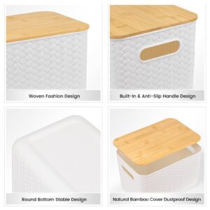 4 Packs Storage Bins with Bamboo Lids - Plastic Storage Containers with Lids Stackable Storage Box: Storage Baskets for Organizing Desktop Closet Playroom Classroom Office, White