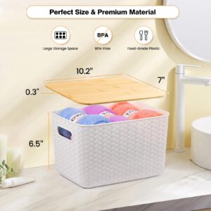 4 Packs Storage Bins with Bamboo Lids - Plastic Storage Containers with Lids Stackable Storage Box: Storage Baskets for Organizing Desktop Closet Playroom Classroom Office, White