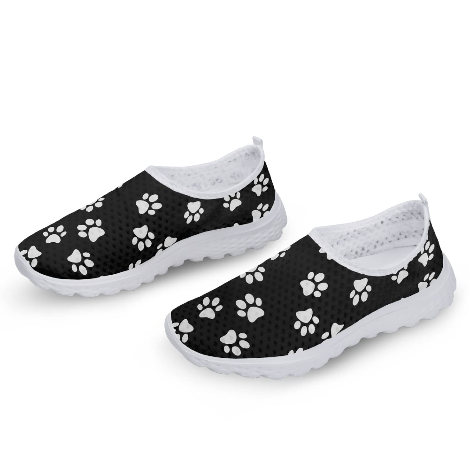 Coldinair White Paw Print Women's Sneakers Dog Paws Fitness Sports Walking Shoes Black Fashion Road Running Shoes Lady Girls Summer Workout Shoes Soft Shoe