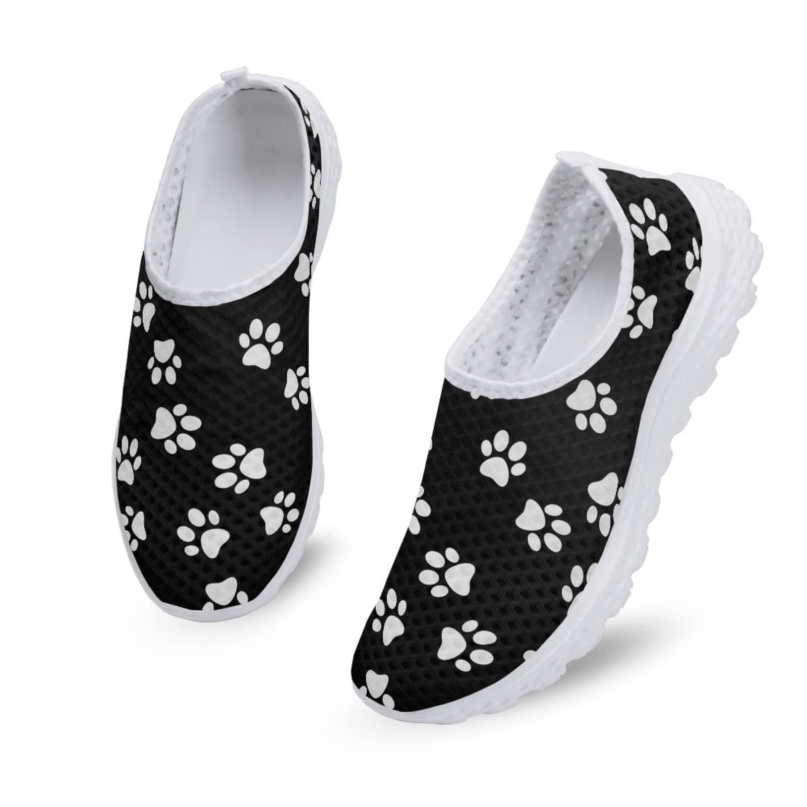 Coldinair White Paw Print Women's Sneakers Dog Paws Fitness Sports Walking Shoes Black Fashion Road Running Shoes Lady Girls Summer Workout Shoes Soft Shoe