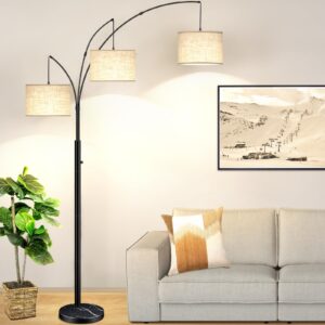 floor lamps for living room, 3-light dimmable arc tall standing floor lamp with adjustable hanging fabric shades, modern floor lamp with marble base for bedroom office, 3 led bulbs included