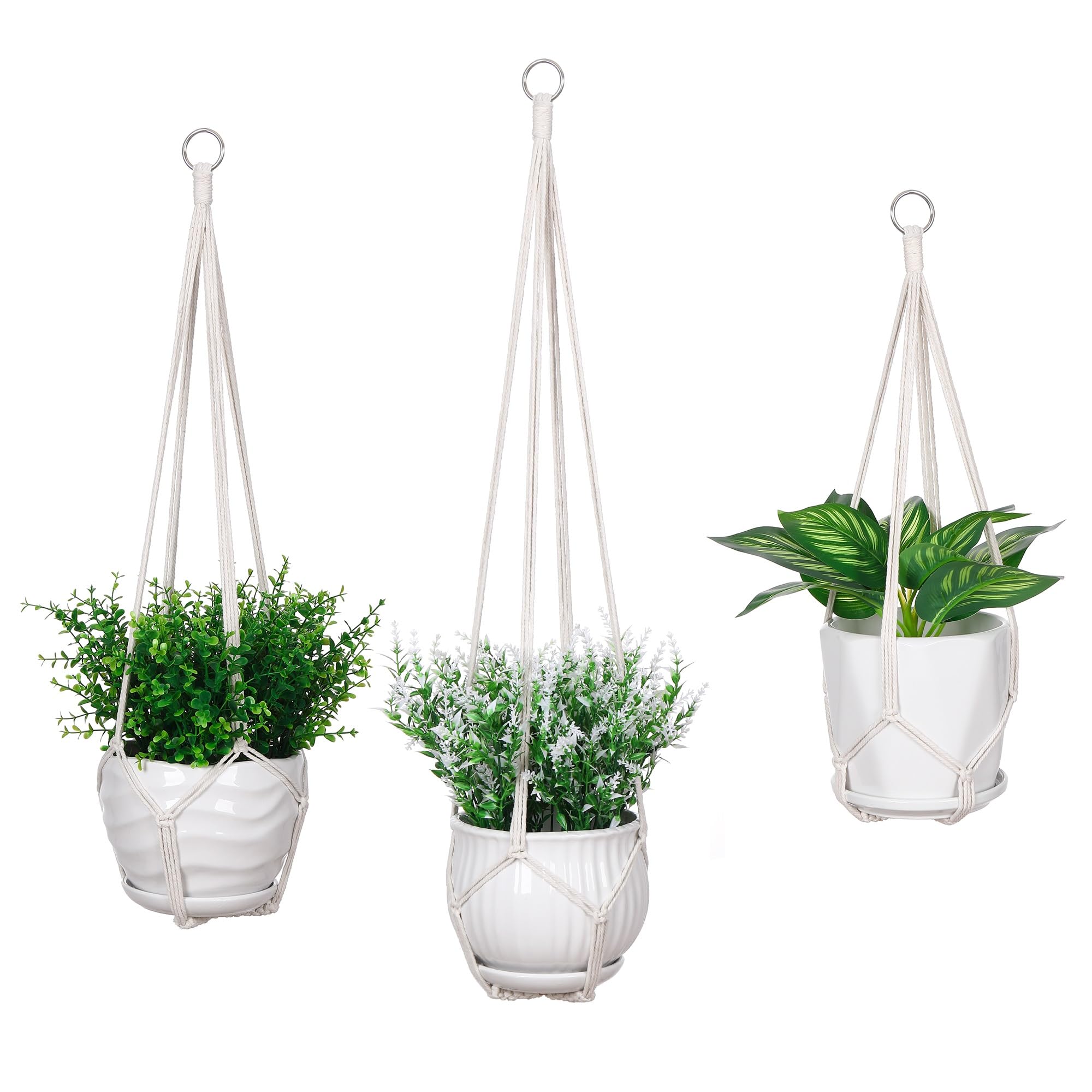 YIBOT 3 Pack Macrame Plant Hanger,35"/29"/23" Plant Hanger Indoor,Handmade Woven Cotton Rope Flower Pot Crochet Plant Holder Stand for Boho Home Decor No Tassels,lIvory