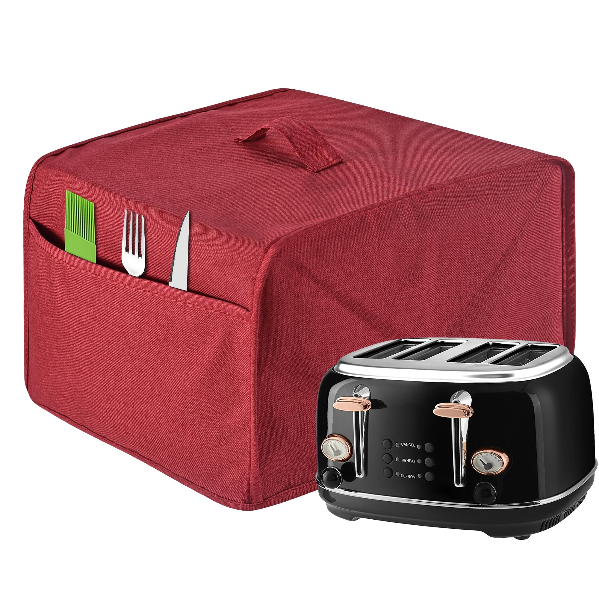 Toaster Cover with 2 Pockets,Can hold Jam Spreader Knife & Toaster Tongs, Toaster Appliance Cover with Top handle,Dust and Fingerprint Protection, Machine Washable (4 Slice, Red)