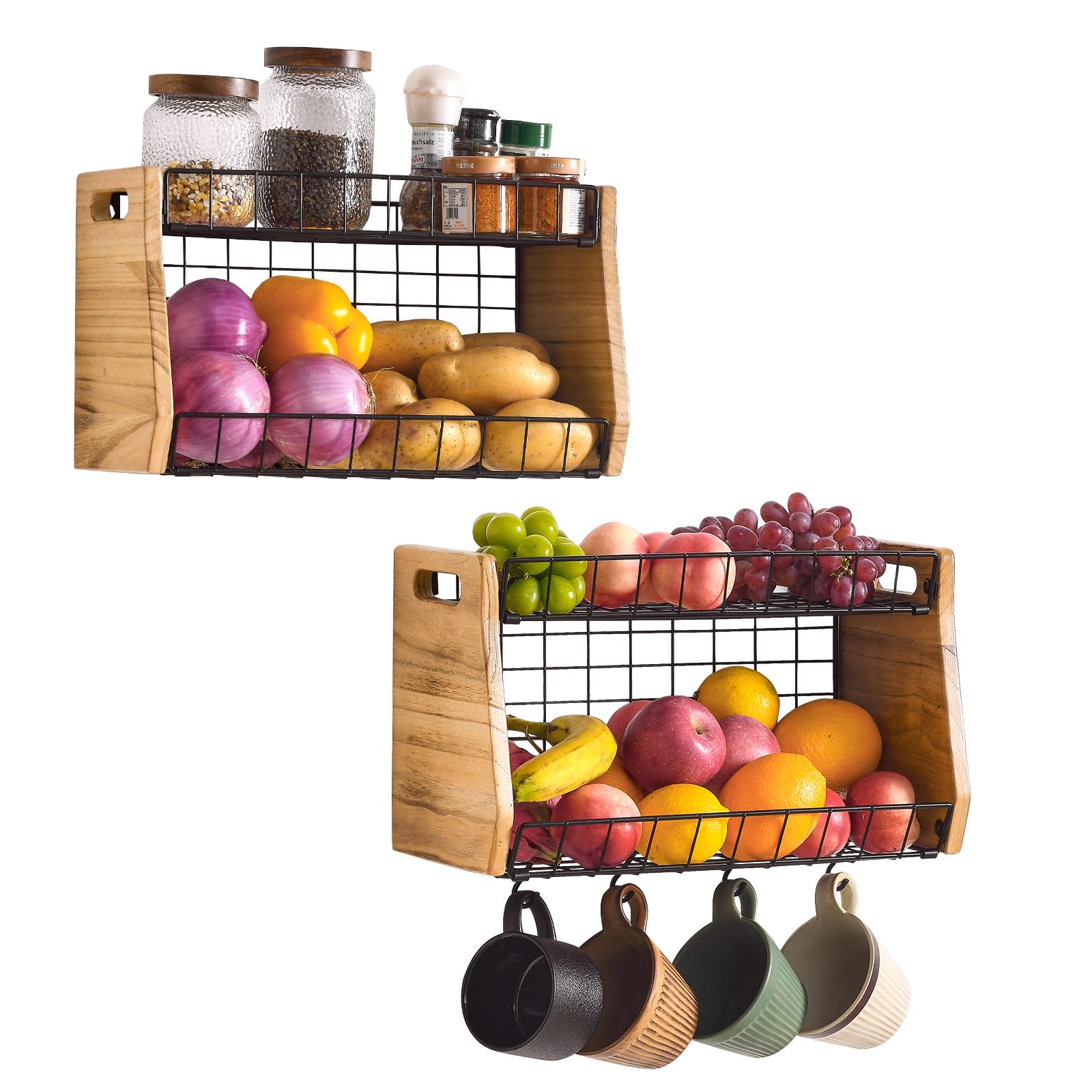 BNING Hanging Fruit Baskets for Kitchen, 2-Set Kitchen Organizers and Storage Baskets as Pantry Organizers and Storage, Small Wire Basket for Wall Mounted & Countertop