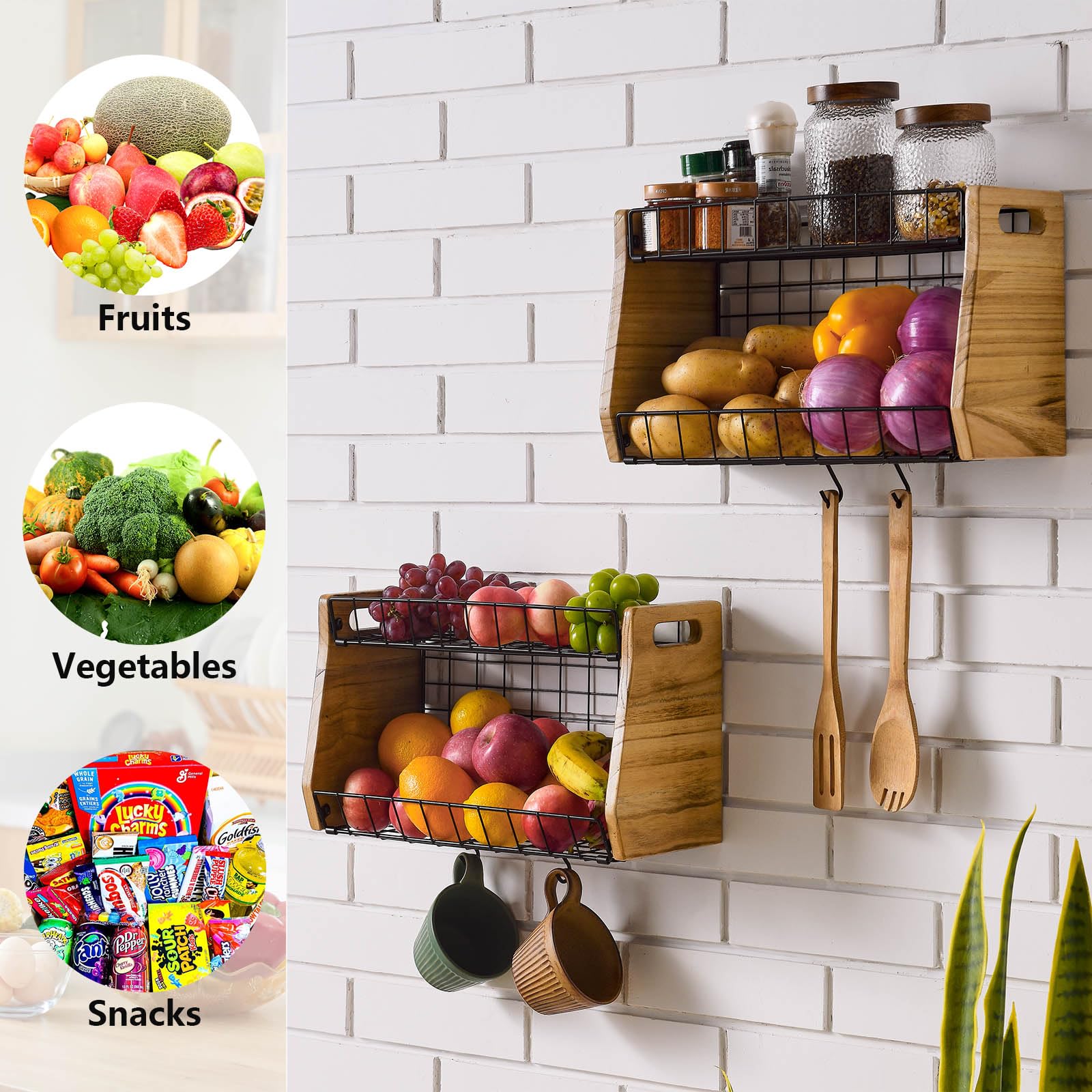 BNING Hanging Fruit Baskets for Kitchen, 2-Set Kitchen Organizers and Storage Baskets as Pantry Organizers and Storage, Small Wire Basket for Wall Mounted & Countertop