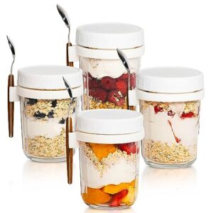 4 pack overnight oats containers with lids and spoons, 16oz glass mason meal prep container microwave safe,airtight glass jars,oats overnight,yogurt parfait fruit cereal with measurement marks