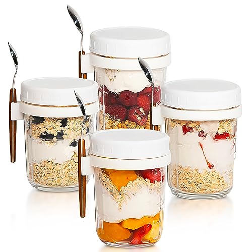 4 Pack Overnight Oats Containers with Lids and Spoons, 16oz Glass Mason Meal Prep Container Microwave Safe,Airtight Glass Jars,Oats Overnight,Yogurt Parfait Fruit Cereal With Measurement Marks