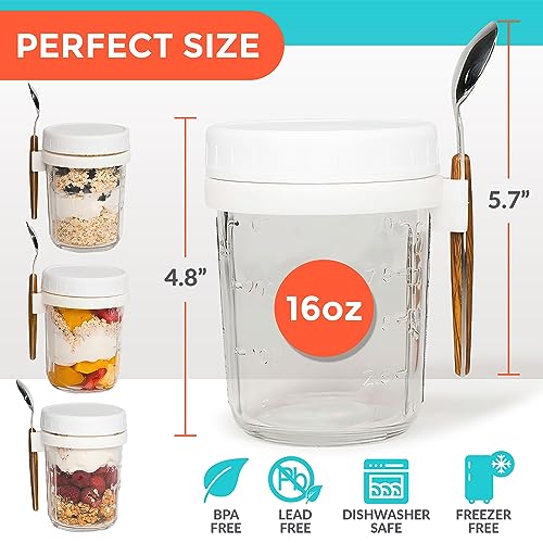 4 Pack Overnight Oats Containers with Lids and Spoons, 16oz Glass Mason Meal Prep Container Microwave Safe,Airtight Glass Jars,Oats Overnight,Yogurt Parfait Fruit Cereal With Measurement Marks