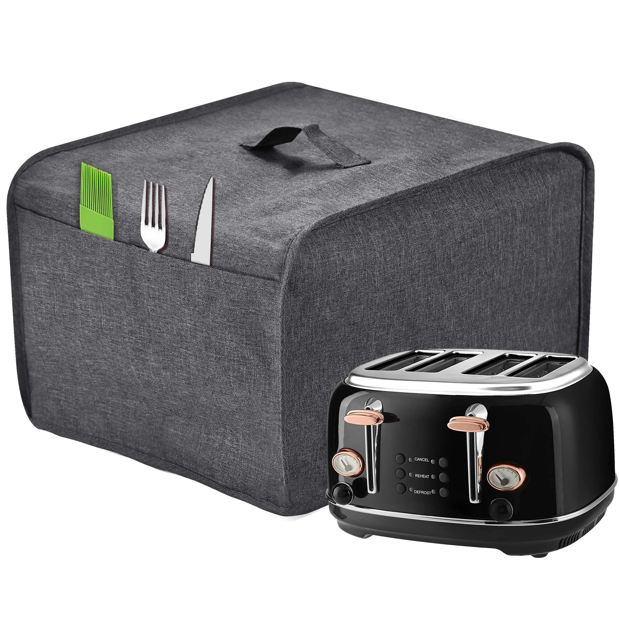 Toaster Cover with 2 Pockets,Can hold Jam Spreader Knife & Toaster Tongs, Toaster Appliance Cover with Top handle,Dust and Fingerprint Protection, Machine Washable (4 Slice, Grey)