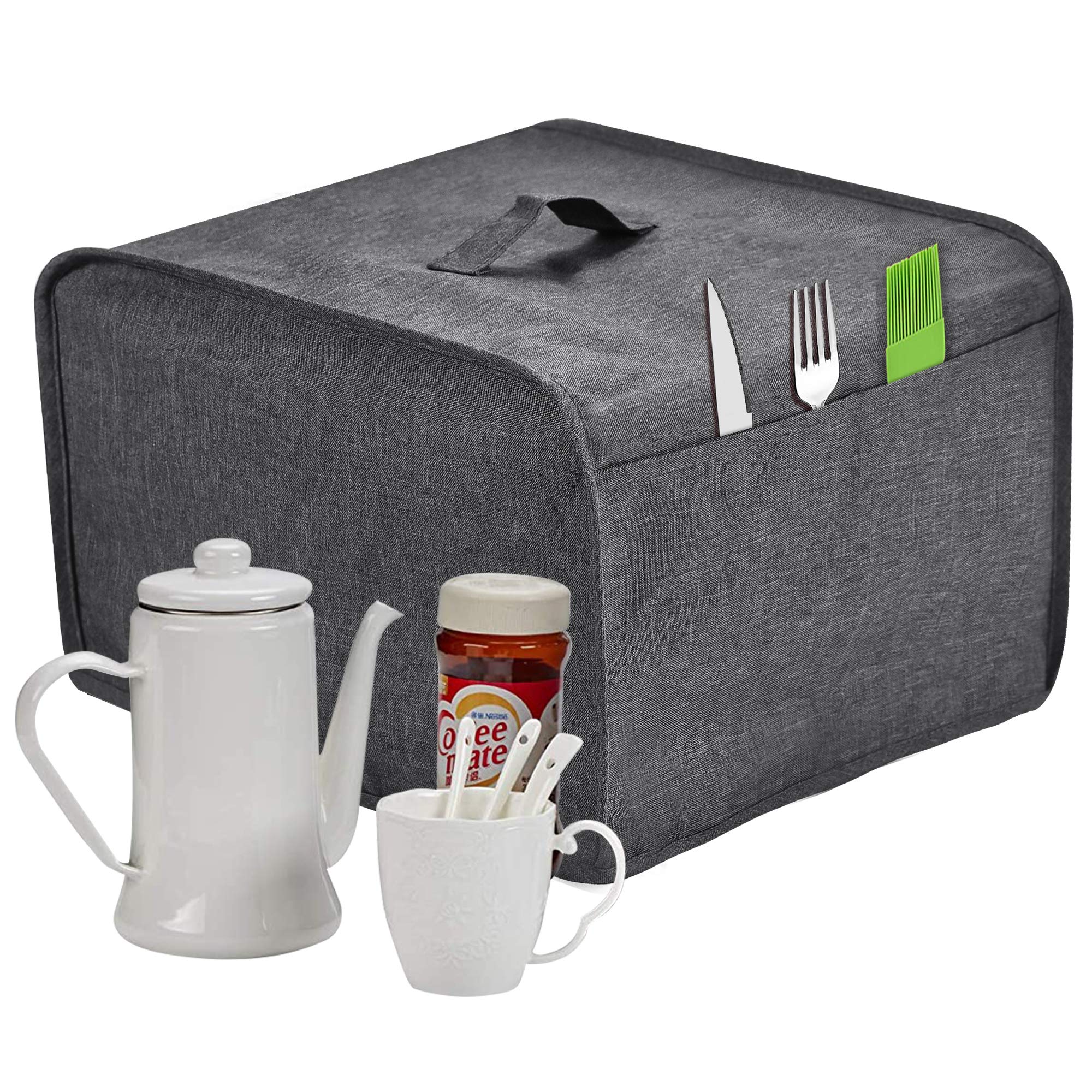 Toaster Cover with 2 Pockets,Can hold Jam Spreader Knife & Toaster Tongs, Toaster Appliance Cover with Top handle,Dust and Fingerprint Protection, Machine Washable (4 Slice, Grey)