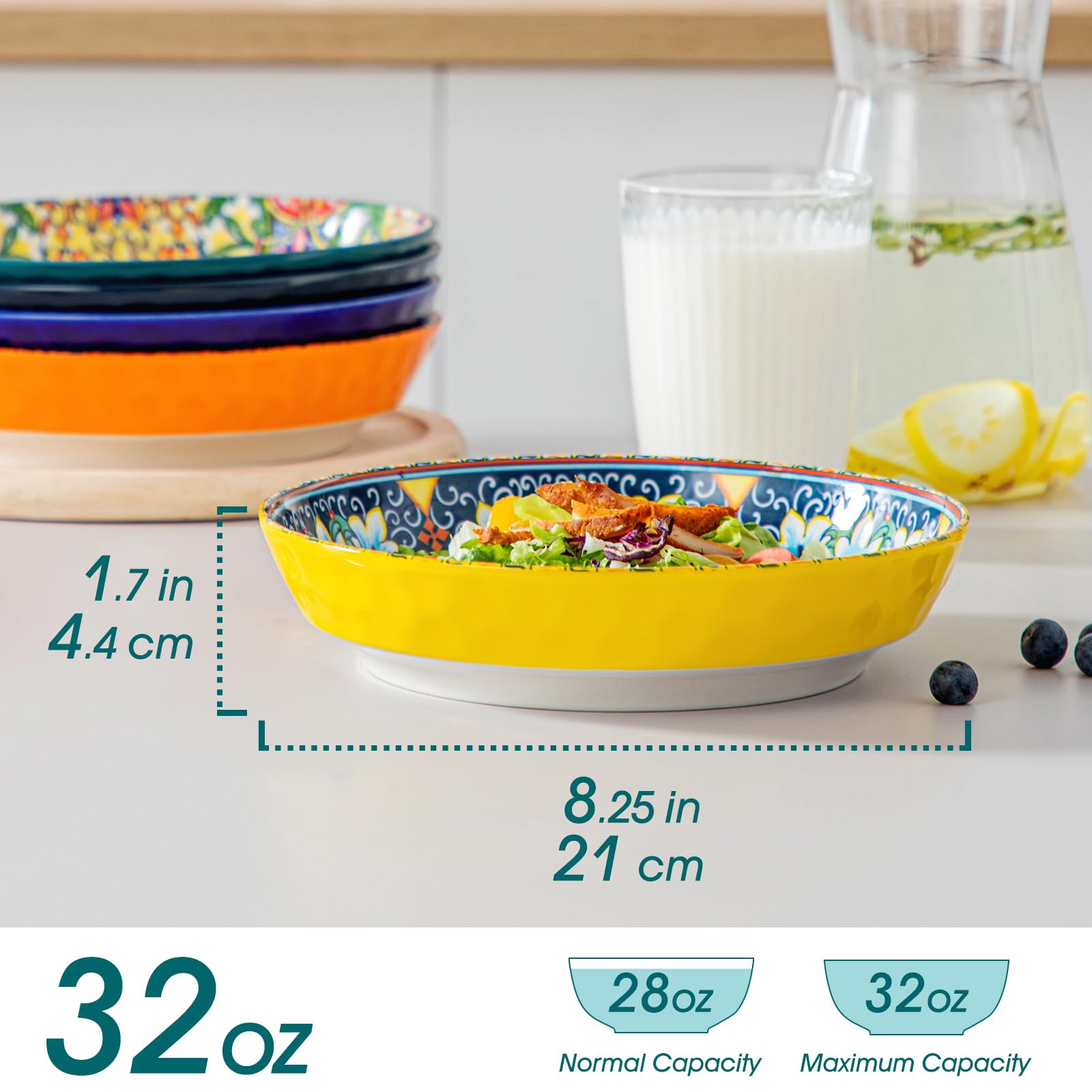 vancasso Pasta Bowls, Ceramic Salad Bowls of 6, 32 oz Large Corlorful Serving Bowls for Kitchen, Dishwasher & Microwave Safe Soup Bowls, Pasta Plates