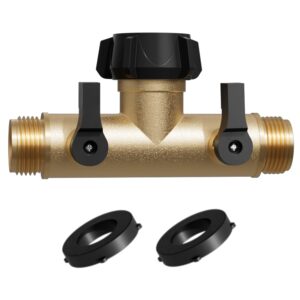 yanwoo garden hose splitter, heavy duty metal 180 degree t type with shut-off valves, 3/4" high flow spigot faucet connectors with 2 extra silicone washers