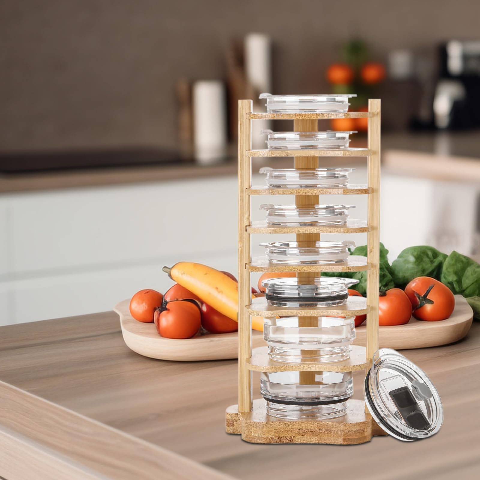 takor Extra Large Bamboo Tumbler Lid Organizer for Cupboard，Compact Lid Storage Rack，Freestanding Cup Lid Holder for Kitchen Cabinet and Countertop, Tidy Kitchen and Easy to Clean