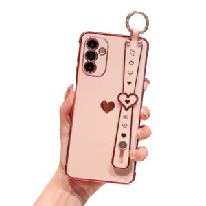 defbsc compatible with samsung galaxy a14 5g case, electroplated edge love heart case with wrist strap, full camera protection raised reinforced corners shockproof soft tpu cover, pink