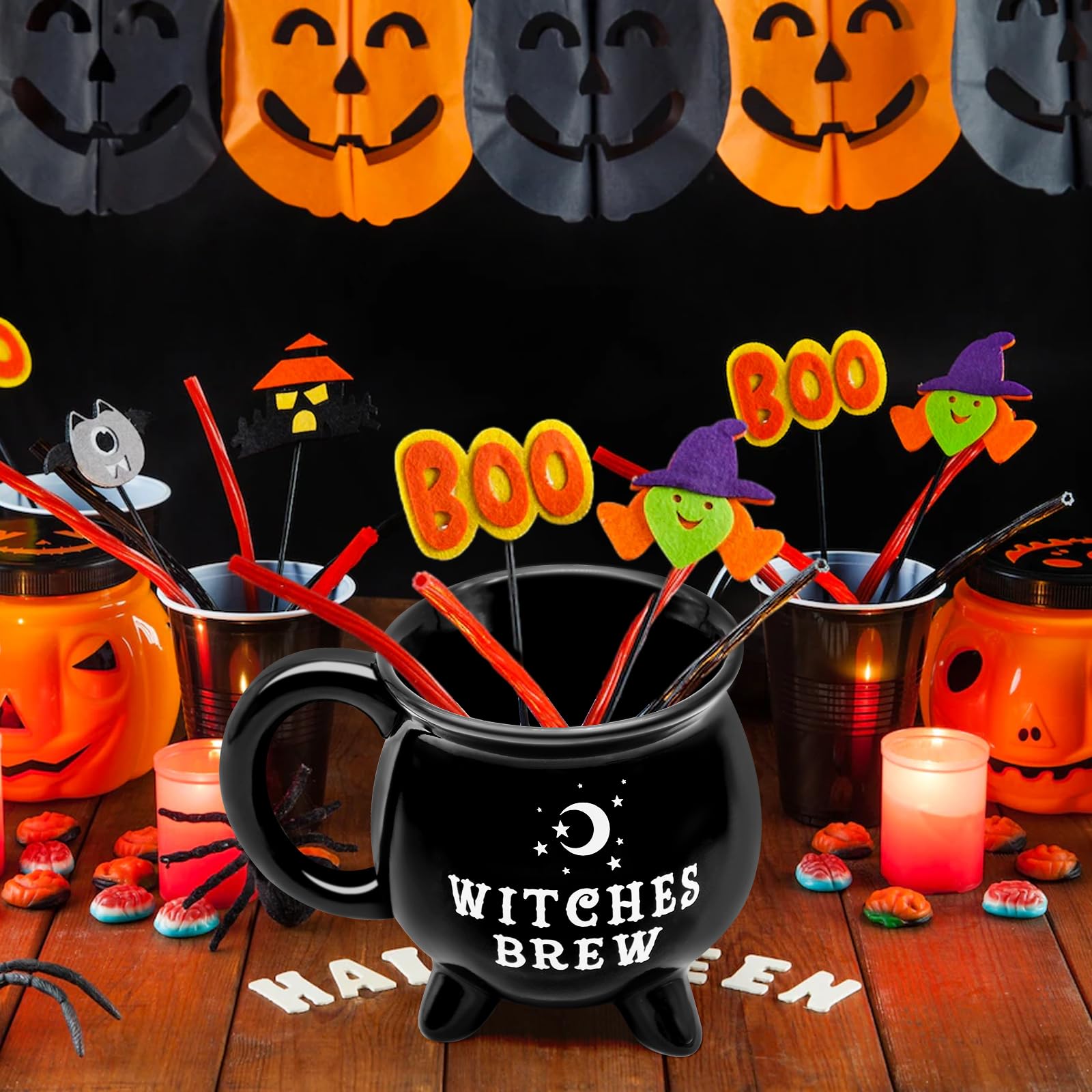 12 oz Halloween Cauldron Mug Decorations, Black Witches Brew Pattern Mug Ceramic Spooky Witch Coffee Cup Halloween Birthday Witchy Tabletop Drinkware Gifts for Adults Kids Women