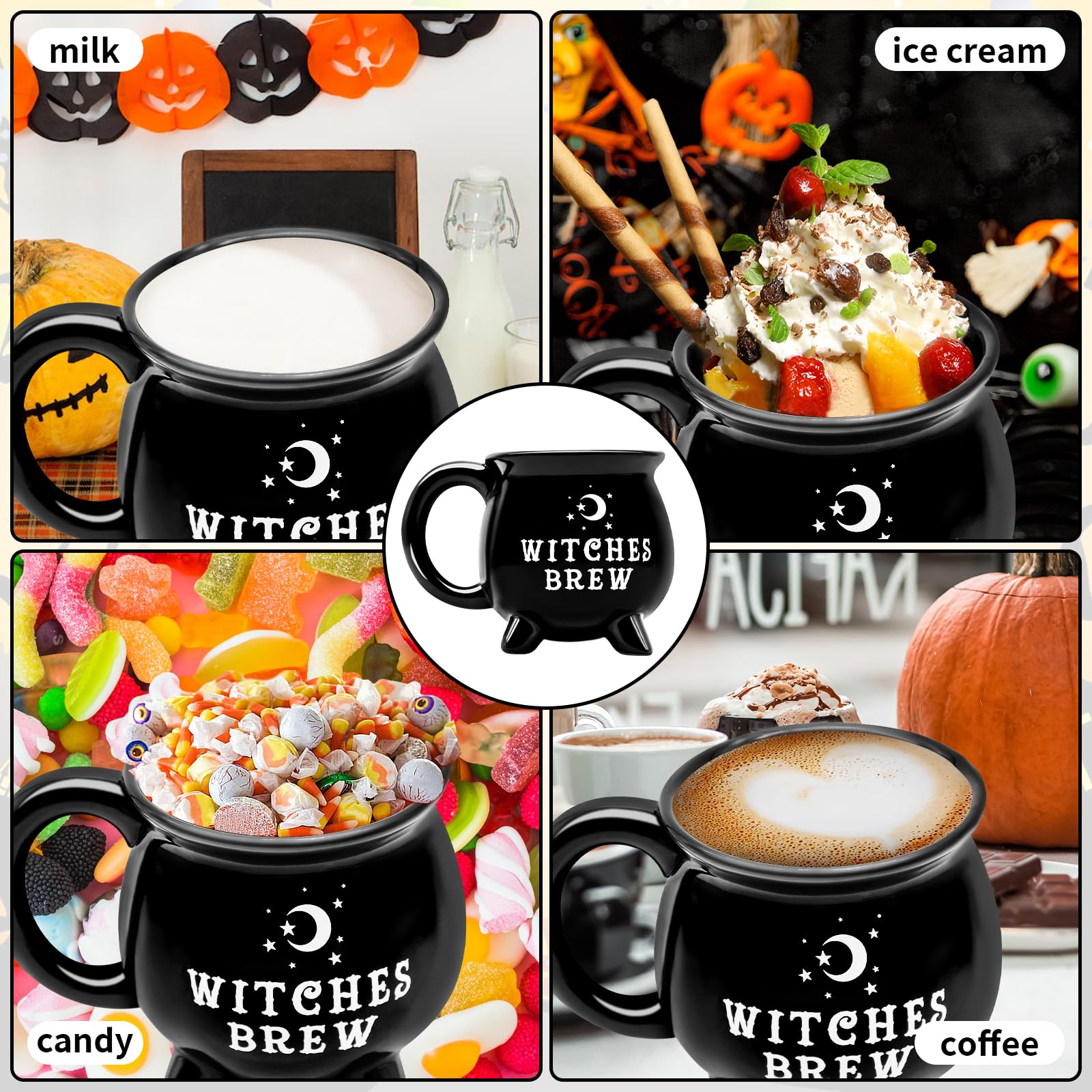 12 oz Halloween Cauldron Mug Decorations, Black Witches Brew Pattern Mug Ceramic Spooky Witch Coffee Cup Halloween Birthday Witchy Tabletop Drinkware Gifts for Adults Kids Women