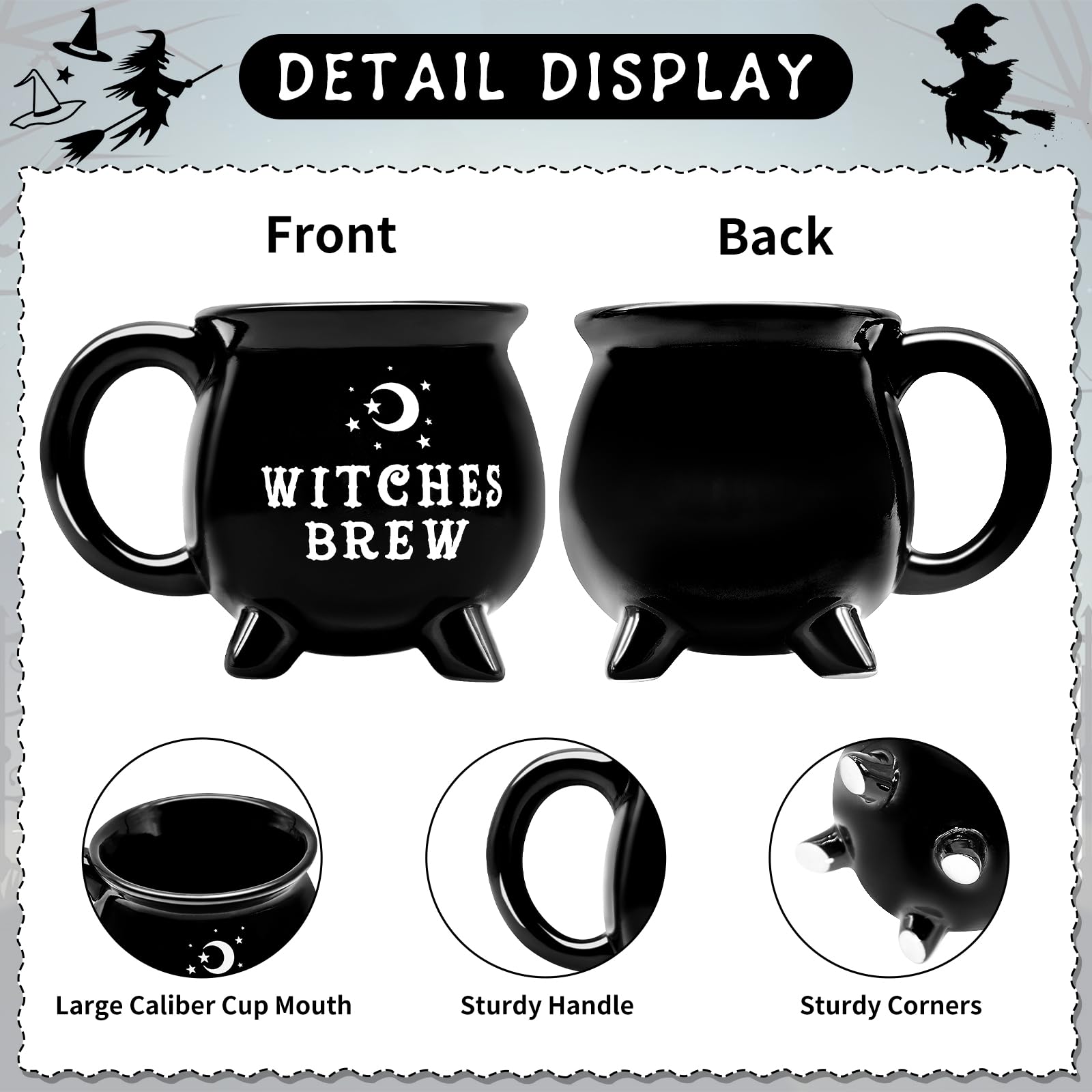 12 oz Halloween Cauldron Mug Decorations, Black Witches Brew Pattern Mug Ceramic Spooky Witch Coffee Cup Halloween Birthday Witchy Tabletop Drinkware Gifts for Adults Kids Women