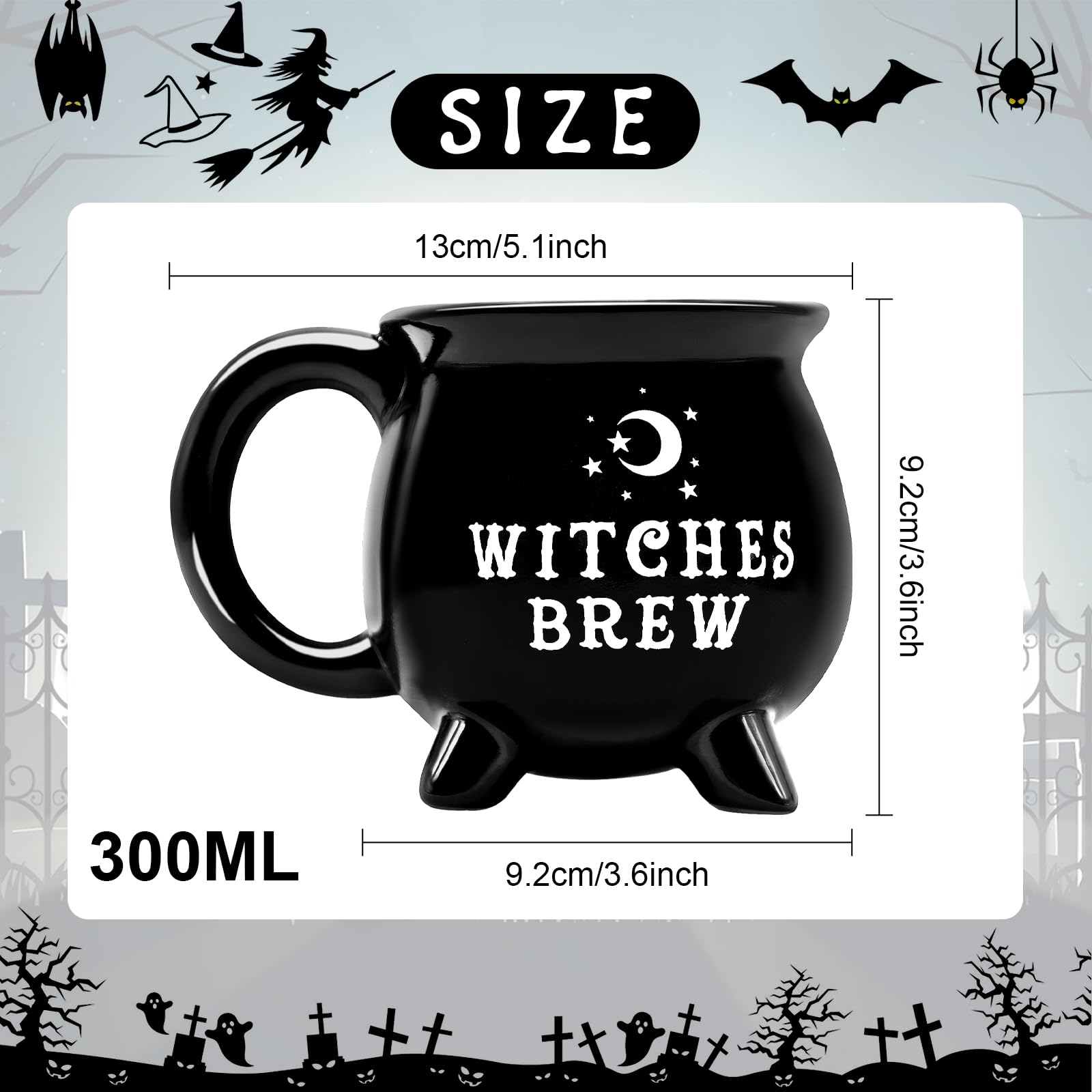 12 oz Halloween Cauldron Mug Decorations, Black Witches Brew Pattern Mug Ceramic Spooky Witch Coffee Cup Halloween Birthday Witchy Tabletop Drinkware Gifts for Adults Kids Women