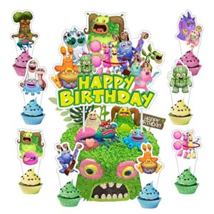 25pcs singing monsters cake decorations with 24pcs cupcake toppers, 1pcs cake topper for singing monsters birthday party supplies