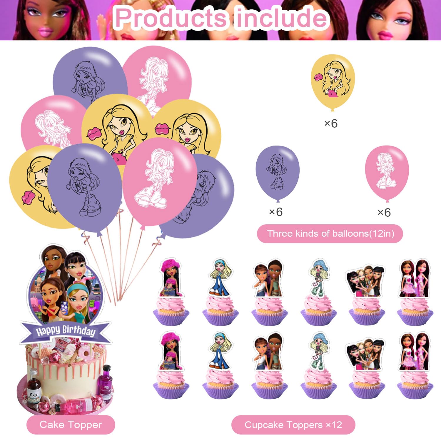 ℬ𝓇𝒶𝓉𝓏 Birthday Party Supplies, ℬ𝓇𝒶𝓉𝓏 Party Decorations,ℬ𝓇𝒶𝓉𝓏 Girl Party Theme Includes Balloons,Banner,Cake Toppers for Kids Birthday Theme Party Decorations