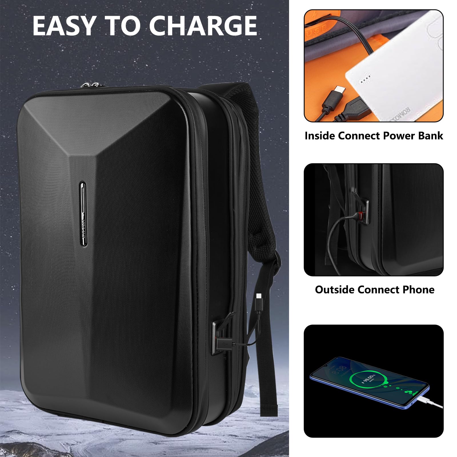 JUMO CYLY Anti-theft Hardshell Laptop Backpack, Waterproof Expandable Travel Backpack Fit 15.6 Inch with USB Charging Port TSA Lock Gaming Bag for Men