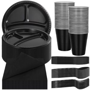 umigy 160 pcs plastic disposable dinnerware set include 24 party plates 3 compartment 24 sets cups spoons forks knives 40 napkins party supplies serving 24 guests for birthday wedding (black)