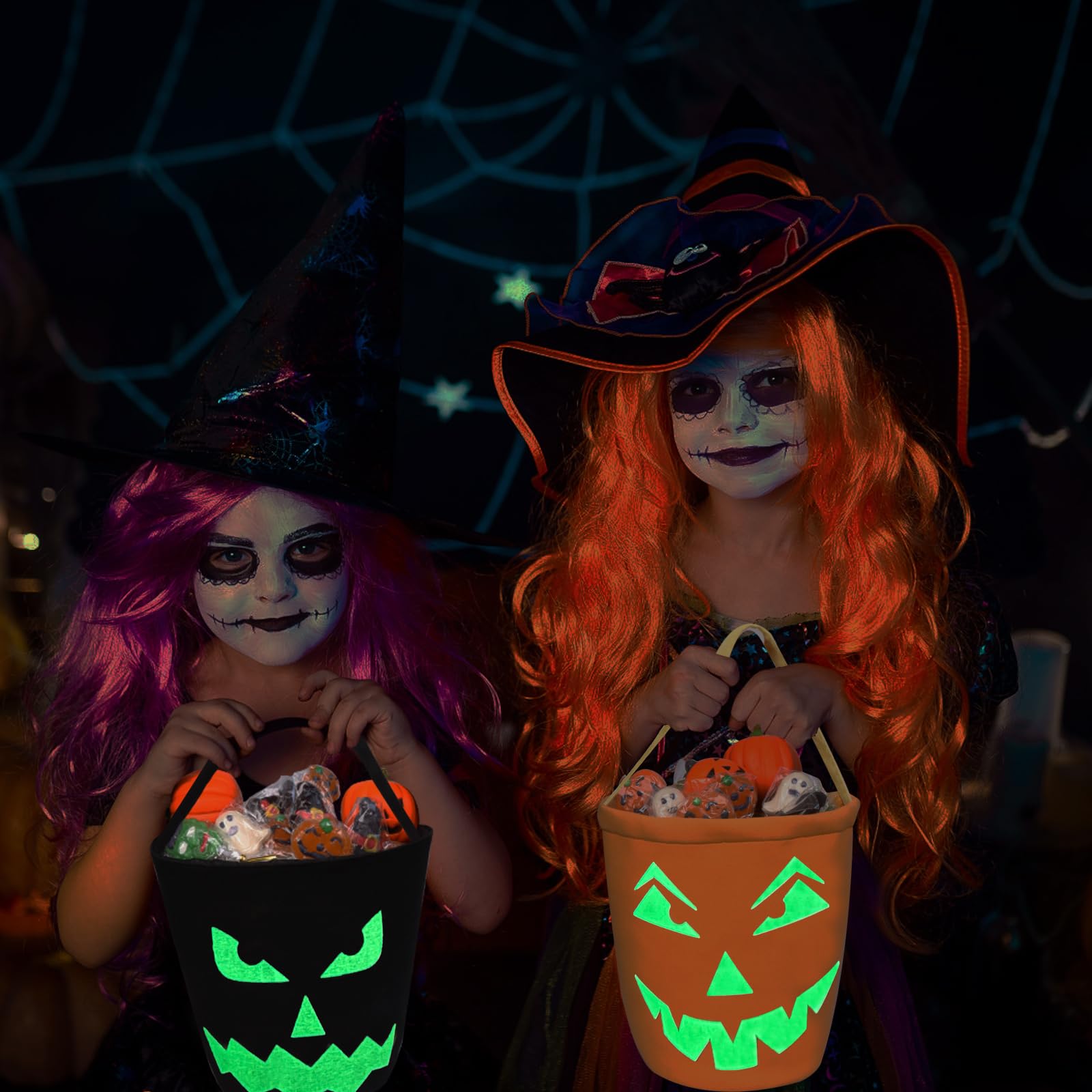 Vitalili 2pcs Glowing Halloween Basket Pumpkin Halloween Bucket Multipurpose Pumpkin Bucket Trick or Treat Bucket Halloween Candy Bags for Kids, Kids Gifts Bags