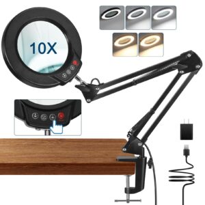 magnieopti 10x magnifying glass with light and clamp, 5 color modes stepless dimmable real glass lighted magnifier, hands free led magnifying desk lamp for painting craft close work reading repairing