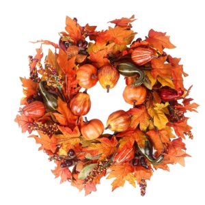 24 inch fall wreath for front door outside, fall door wreaths for front door outside with pumpkin, maple, acorn and grain, artificial autumn wreaths for harvest halloween thanksgiving décor