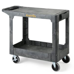 elafros heavy duty plastic utility cart flat top 37 x 18.8 inch - work cart flat shelves and full swivel wheels safely holds up to 550 lbs - 2 tier service cart for warehouse,garage, cleaning gray