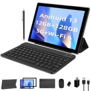 peicheng 2 in 1 tablet, android 13 tablets 12gb ram 128gb rom 10 inch tablet with keyboard, 2.0ghz processor, 5ghz/wifi 6, bluetooth 5.0, 10 hours battery life, ips screen tablet pc, black
