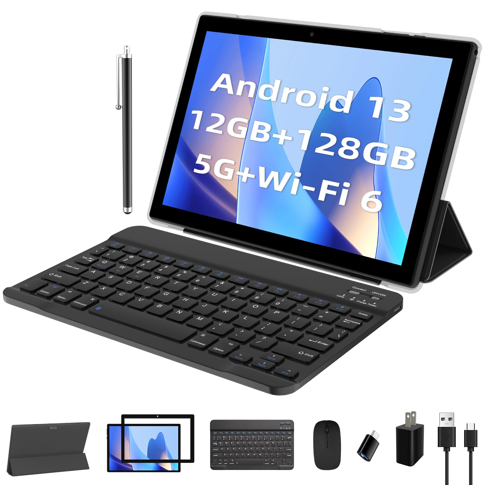 PEICHENG 2 in 1 Tablet, Android 13 Tablets 12GB RAM 128GB ROM 10 inch Tablet with Keyboard, 2.0Ghz Processor, 5Ghz/WiFi 6, Bluetooth 5.0, 10 Hours Battery Life, IPS Screen Tablet Pc, Black