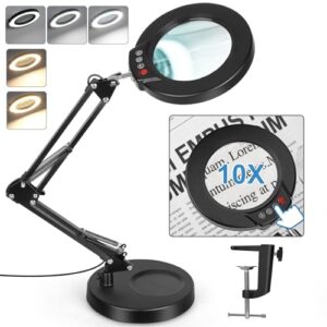 magnieopti 10x magnifying glass with light and stand, 5 color modes stepless dimmable 4.3" real glass lighted magnifier hands free 2-in-1 led magnifying desk lamp for craft, repair close work, reading