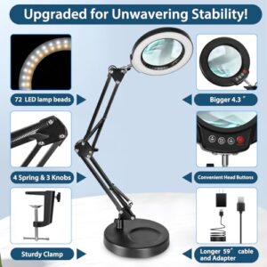 MagnieOpti 10X Magnifying Glass with Light and Stand, 5 Color Modes Stepless Dimmable 4.3" Real Glass Lighted Magnifier Hands Free 2-in-1 LED Magnifying Desk Lamp for Craft, Repair Close Work, Reading