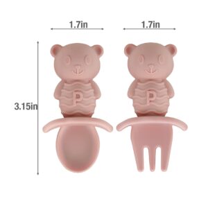 PandaEar 6 Pack Baby Led Weaning Spoons Forks 6+ Months | Silicone Baby Spoons and Fork Self Feeding Utensils, Toddler Infant Anti-Choke Feeding Utensils, Bear Shape (Pink Green Linen)