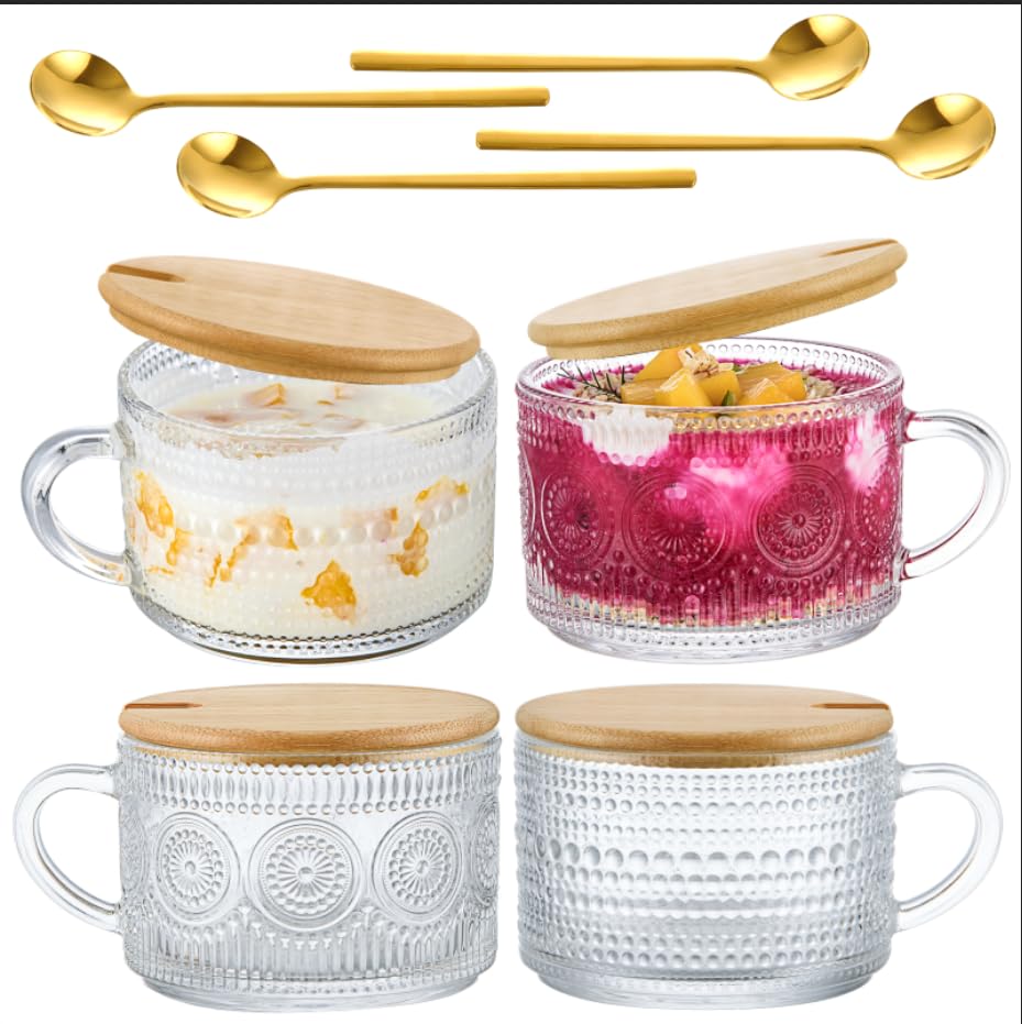 4pcs Set Vintage Coffee Mugs, Overnight Oats Containers with Bamboo Lids and Spoons - 14oz Clear Embossed Glass Cups, Cute Tea Coffee Bar Accessories, Suitable for Juice Beer Glasses, Cola Cups