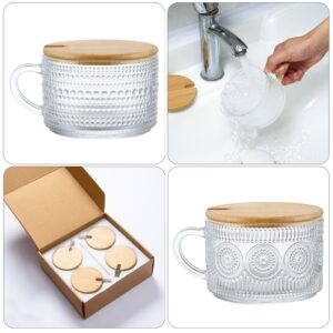 4pcs Set Vintage Coffee Mugs, Overnight Oats Containers with Bamboo Lids and Spoons - 14oz Clear Embossed Glass Cups, Cute Tea Coffee Bar Accessories, Suitable for Juice Beer Glasses, Cola Cups