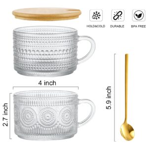 4pcs Set Vintage Coffee Mugs, Overnight Oats Containers with Bamboo Lids and Spoons - 14oz Clear Embossed Glass Cups, Cute Tea Coffee Bar Accessories, Suitable for Juice Beer Glasses, Cola Cups