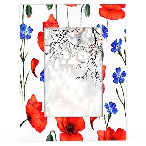 JXDXHCW 5x7 Picture Frame Red Poppy Blue Flower Home Gallery Wall Tabletop Decor with Stand Hanging Hook for Photos Certificate Poster Collage Display-Floral Pattern Frame