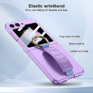 DEMCERT for Samsung Galaxy Z Flip 5 Case with Wrist Band Ring, Ultra Thin Hard PC Back 9H Glass Camera Lens Protector Shockproof Cover for Samsung Galaxy Z Flip 5 5G (Purple)