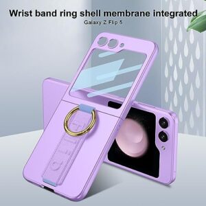 DEMCERT for Samsung Galaxy Z Flip 5 Case with Wrist Band Ring, Ultra Thin Hard PC Back 9H Glass Camera Lens Protector Shockproof Cover for Samsung Galaxy Z Flip 5 5G (Purple)